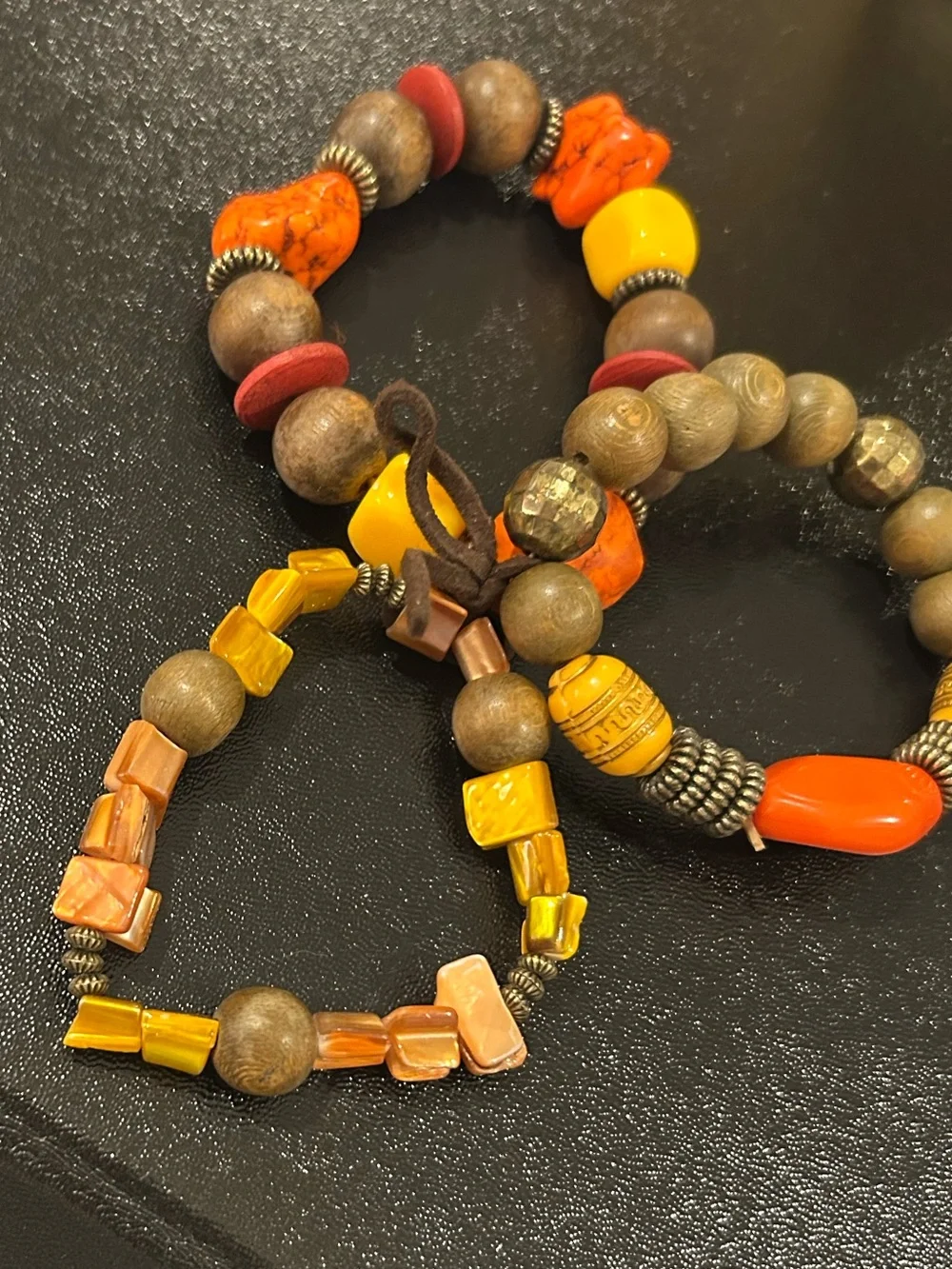 Boho Earth Tone Eclectic Mixed Bead 3-Piece Bracelet Set Orange Brown Yellow